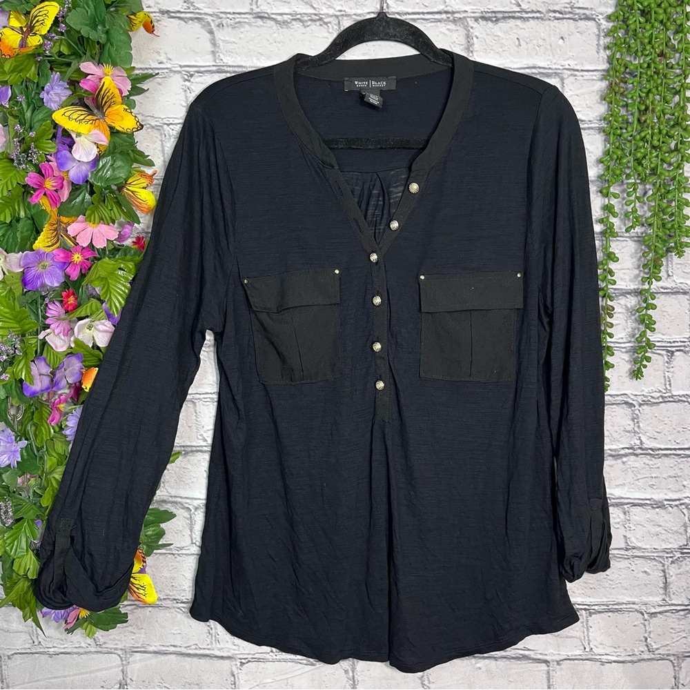 **💙2/$40💙White House Black Market Black Long Sleeve Notched V Neck Blouse L